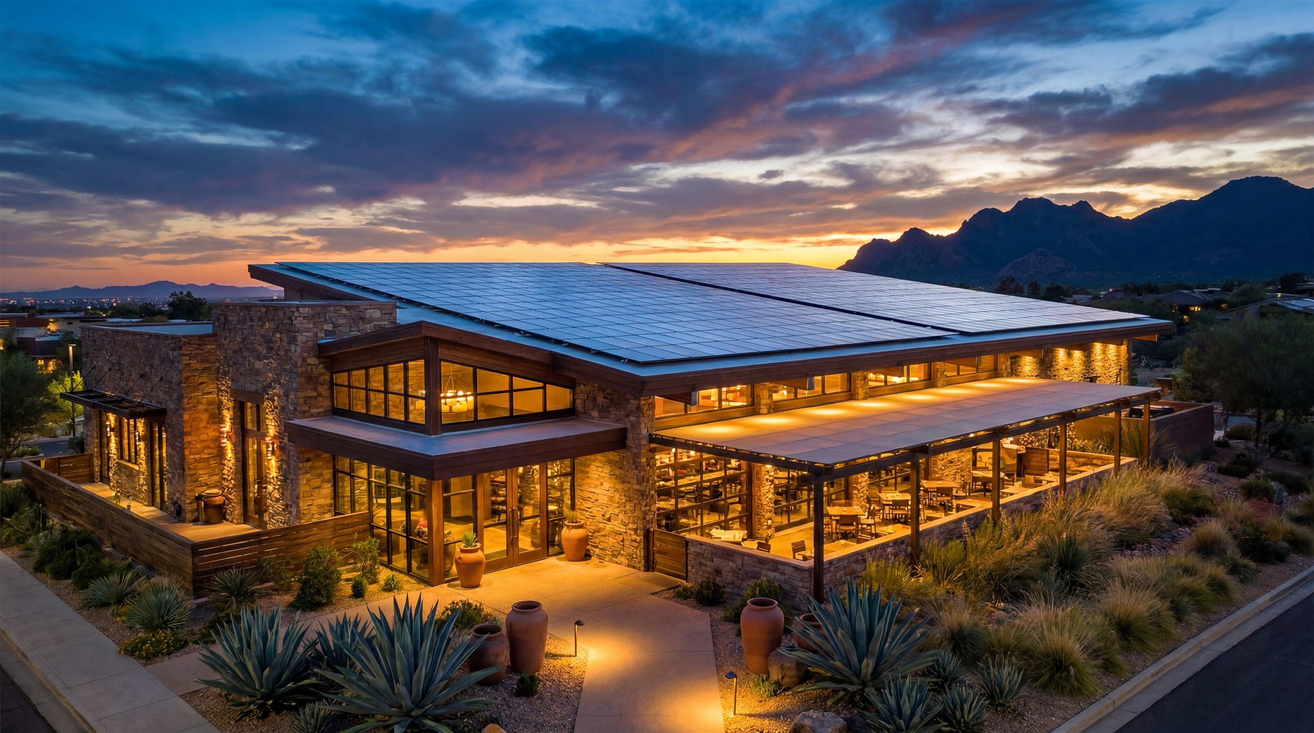 Restaurante de gran escala con techo cubierto de paneles solares